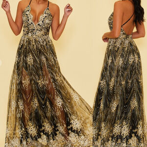 LUXXEL L black gold glitter backless strappy formal prom maxi dress gown NWT B88